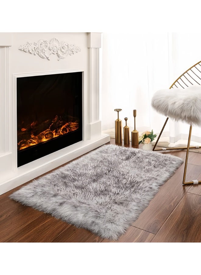 White With Grey Tips Sheepskin Rug 60*90CM, Faux Fur Sheepskin Rug for Living Room, Fluffy Washable Rugs for Bedroom Luxury Room Decor Furry Rugs Rectangle (Y2549) - Image 1